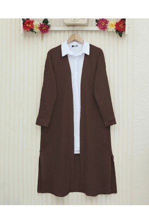 Yanları Yırtmaçlı Fitilli Uzun Triko Hırka -Kahve