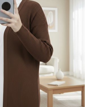 Long Knitted Cardigan with Side Slits -Brown