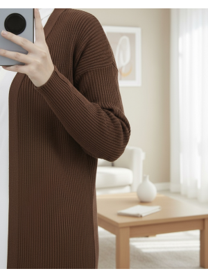 Yanları Yırtmaçlı Fitilli Uzun Triko Hırka -Kahve