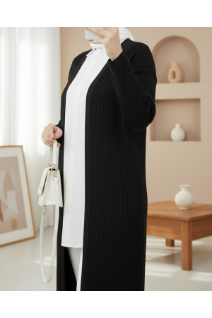 Yanları Yırtmaçlı Fitilli Uzun Triko Hırka -Siyah