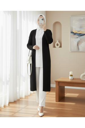 Yanları Yırtmaçlı Fitilli Uzun Triko Hırka -Siyah