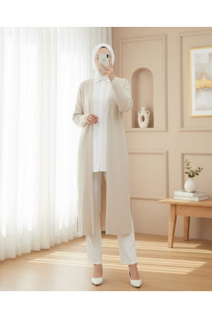 كارديجان طويل محبوك بفتحات جانبية -حجر