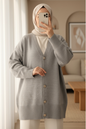 V Yaka Düğmeli Triko Hırka  -Gri