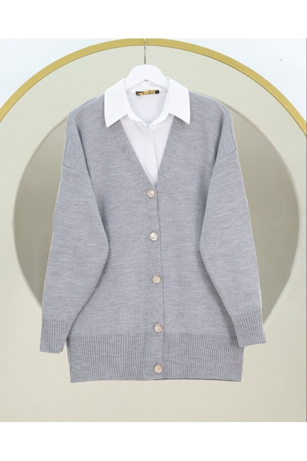 V Neck Buttoned Knitted Cardigan -Grey