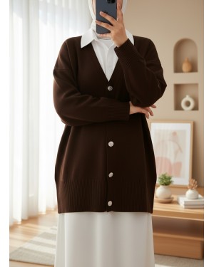 V Neck Buttoned Knitted Cardigan -Dark Coffee