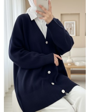 V Neck Buttoned Knitted Cardigan -Navy blue