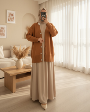 V Neck Buttoned Knitted Cardigan -Cinnamon