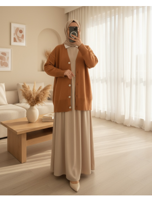 V Yaka Düğmeli Triko Hırka  -Tarçın