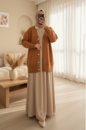 V Yaka Düğmeli Triko Hırka  -Tarçın