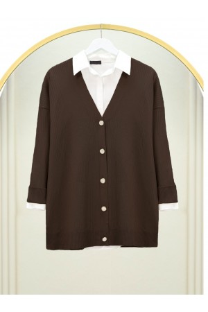 Buttoned Ribbed Knitwear Cardigan -Dark Coffee