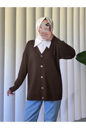 Buttoned Ribbed Knitwear Cardigan -Dark Coffee
