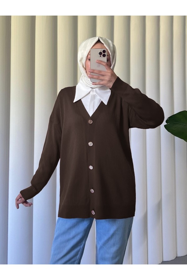 Düğmeli Fitilli Triko Hırka  -K. Kahve