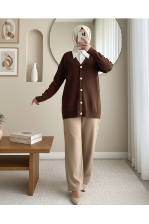 Buttoned Ribbed Knitwear Cardigan -Dark Coffee