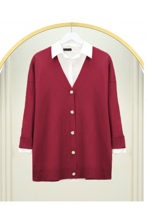 Buttoned Ribbed Knitwear Cardigan -Red