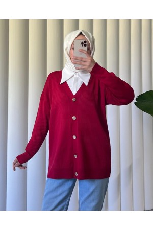 Buttoned Ribbed Knitwear Cardigan -Red