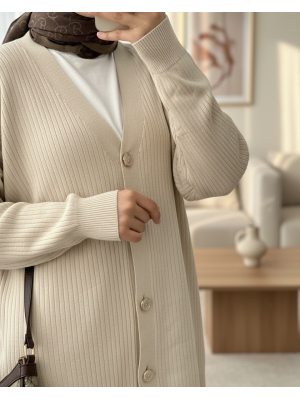 Düğmeli Fitilli Triko Hırka  -Krem