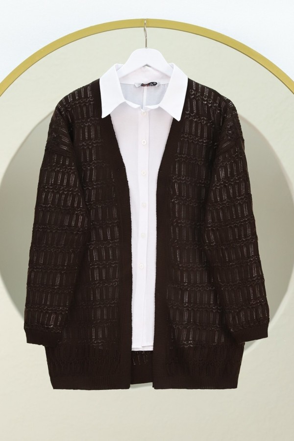 Openwork Patterned Spring Cardigan -Dark Coffee