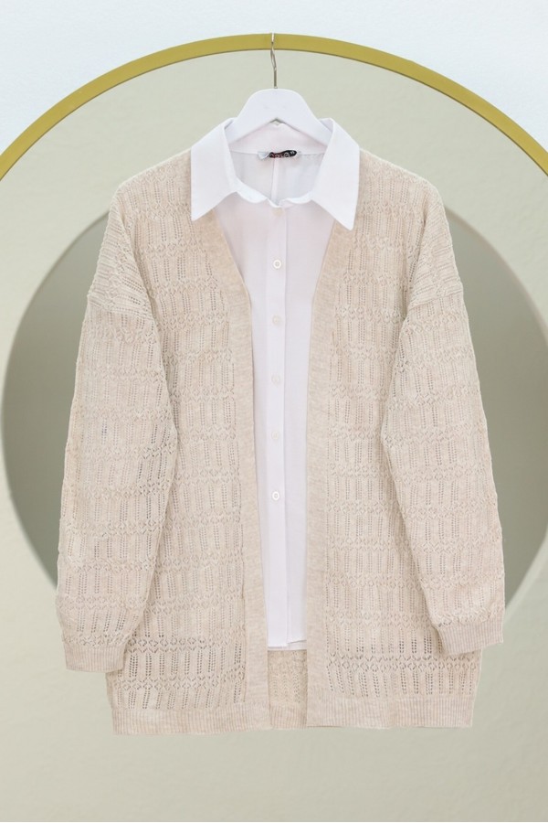 Openwork Patterned Spring Cardigan -Stone