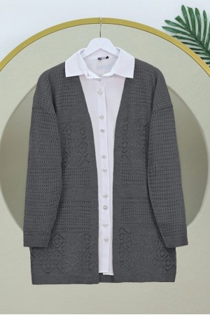 Ajurlu Mevsimlik Triko Hırka   -Füme