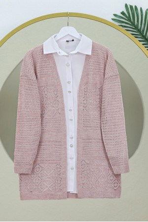 Ajurlu Mevsimlik Triko Hırka   -Pudra