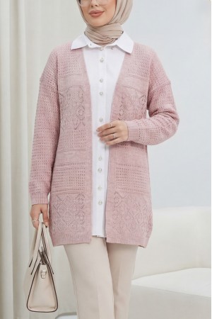 Ajurlu Mevsimlik Triko Hırka   -Pudra