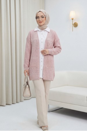 Ajurlu Mevsimlik Triko Hırka   -Pudra