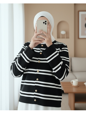 Parlak Düğmeli Çizgili Triko Hırka -Siyah