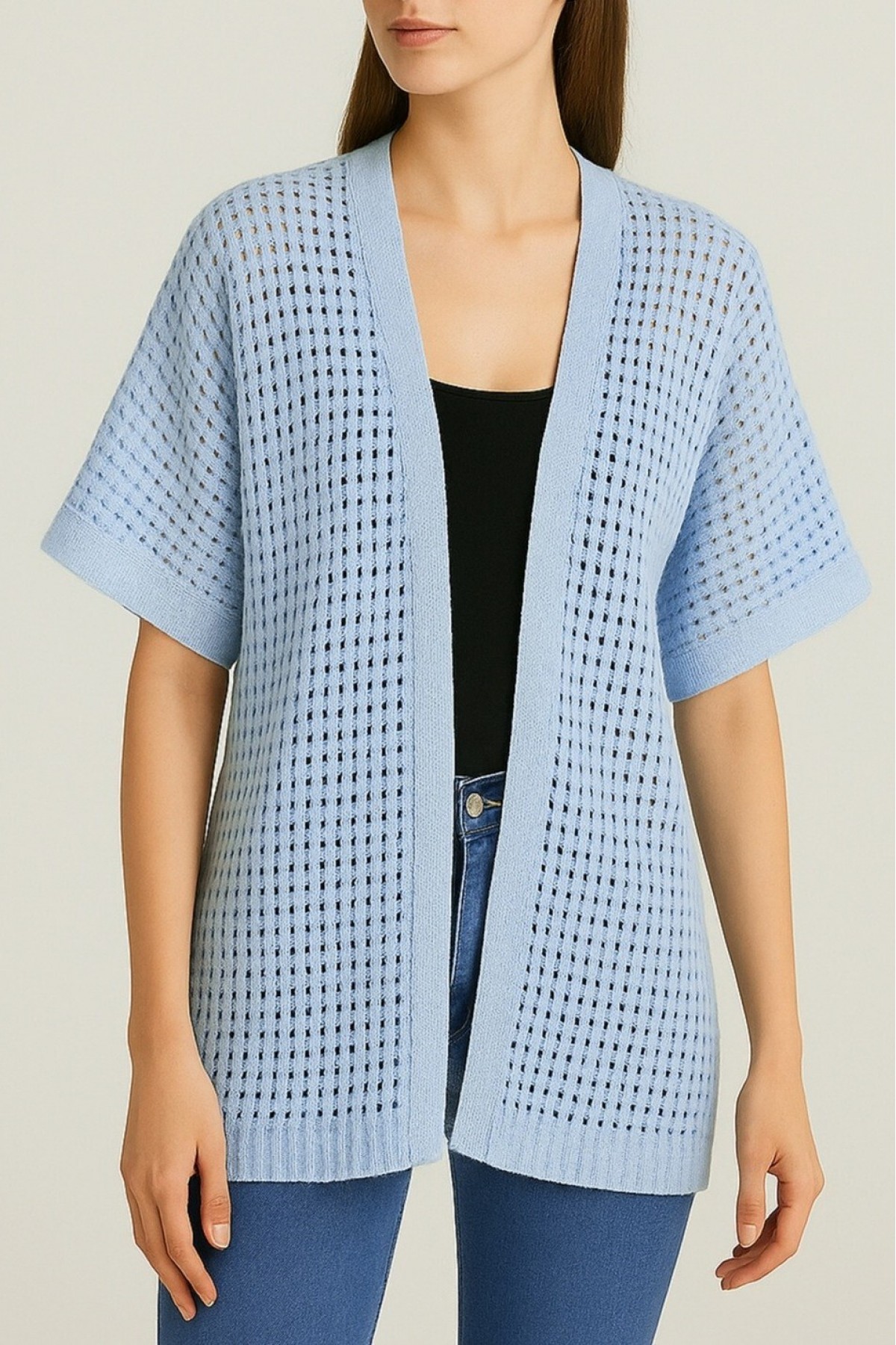 Bat Half Sleeve Openwork Knitwear Cardigan -Baby Blue