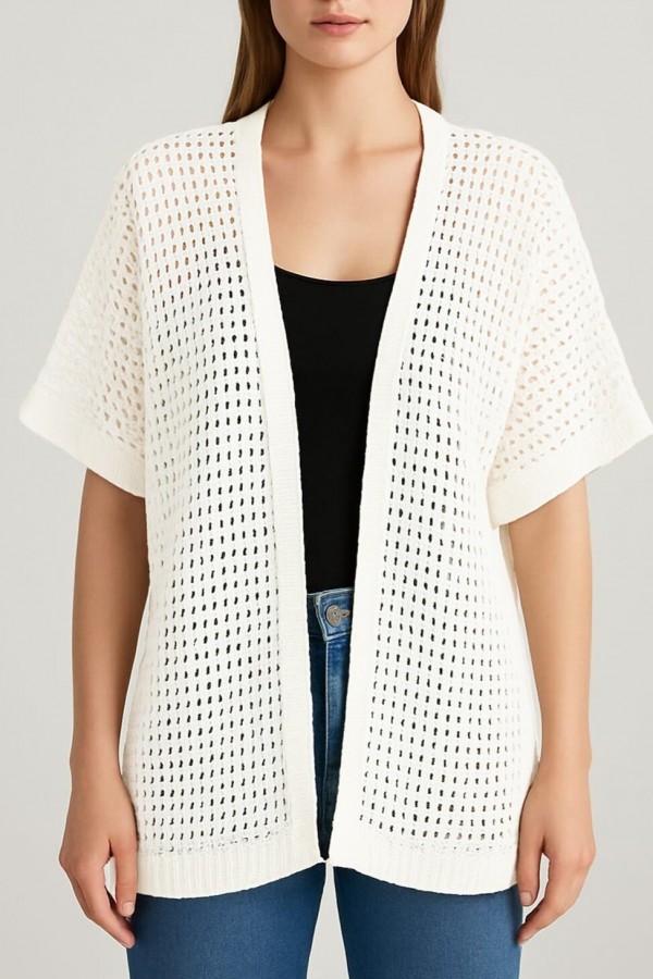 Bat Half Sleeve Openwork Knitwear Cardigan -White