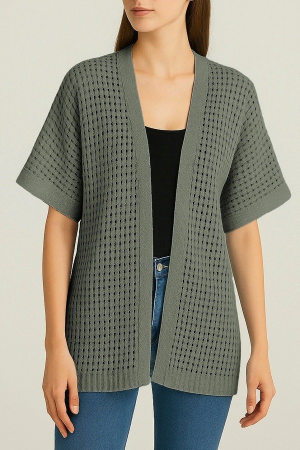 Bat Half Sleeve Openwork Knitwear Cardigan -Khaki