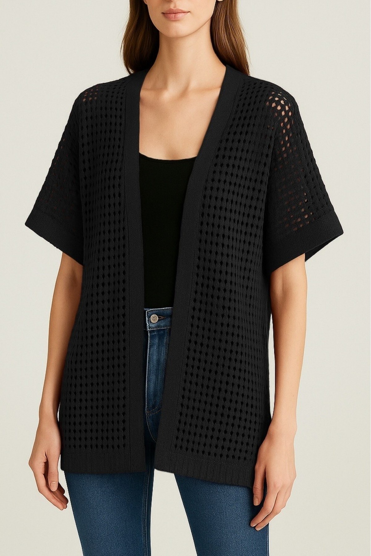 Bat Half Sleeve Openwork Knitwear Cardigan -Black