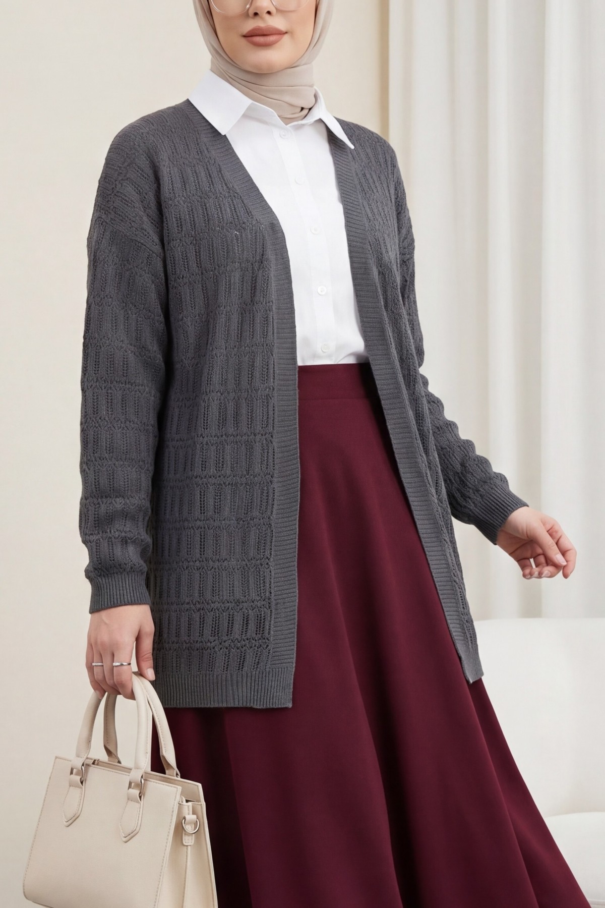 Openwork Patterned Spring Cardigan  -Smoked 