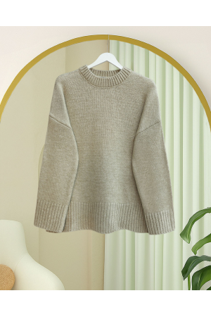 Crew Neck Skirted Ribbed Casual Knitwear Sweater      -Light Mink