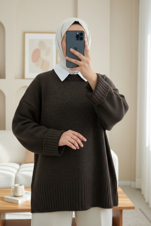 Crew Neck Skirted Ribbed Casual Knitwear Sweater      -Dark Coffee