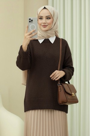 Crew Neck Skirted Ribbed Casual Knitwear Sweater      -Brown