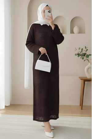 Ajurlu Desenli Triko Elbise -K. Kahve