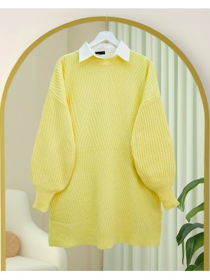 Bisiklet Yaka Baklava Desen Triko Kazak          -Açık Sarı