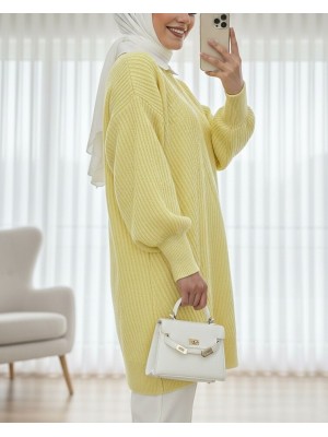 Bisiklet Yaka Baklava Desen Triko Kazak          -Açık Sarı