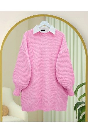 Crew Neck Diamond Pattern Knitwear Sweater          -Pink