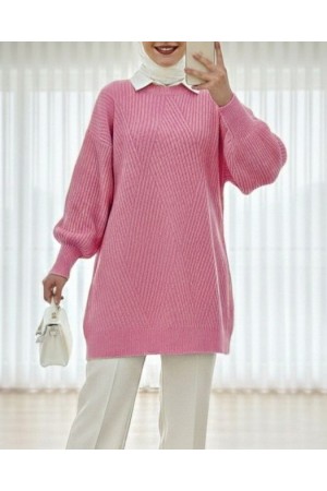 Crew Neck Diamond Pattern Knitwear Sweater          -Pink
