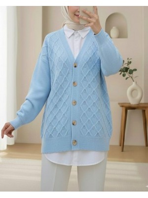 V Yaka Büyük Düğmeli Desenli Triko Hırka -Bebe Mavi