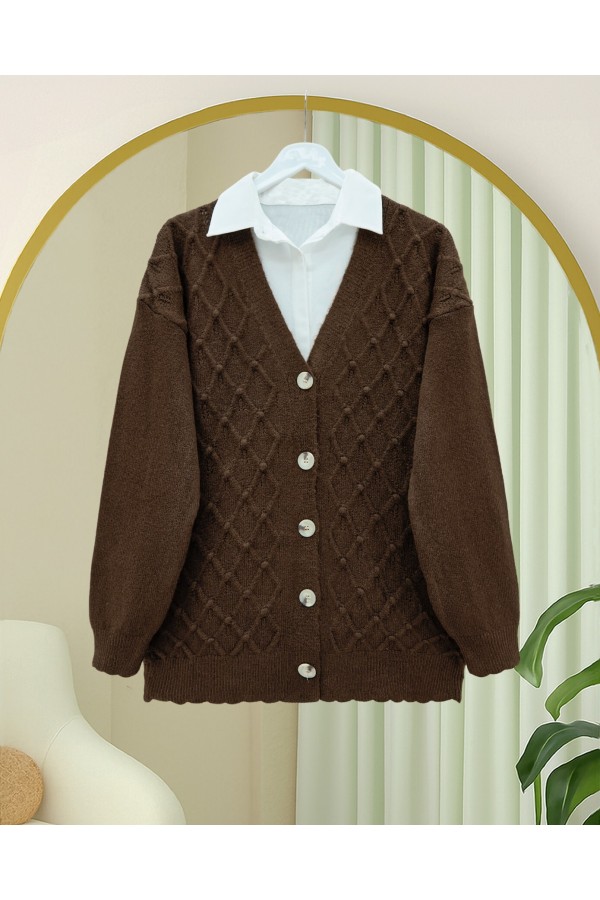 V-Neck Large Buttoned Patterned Knitwear Cardigan -Brown