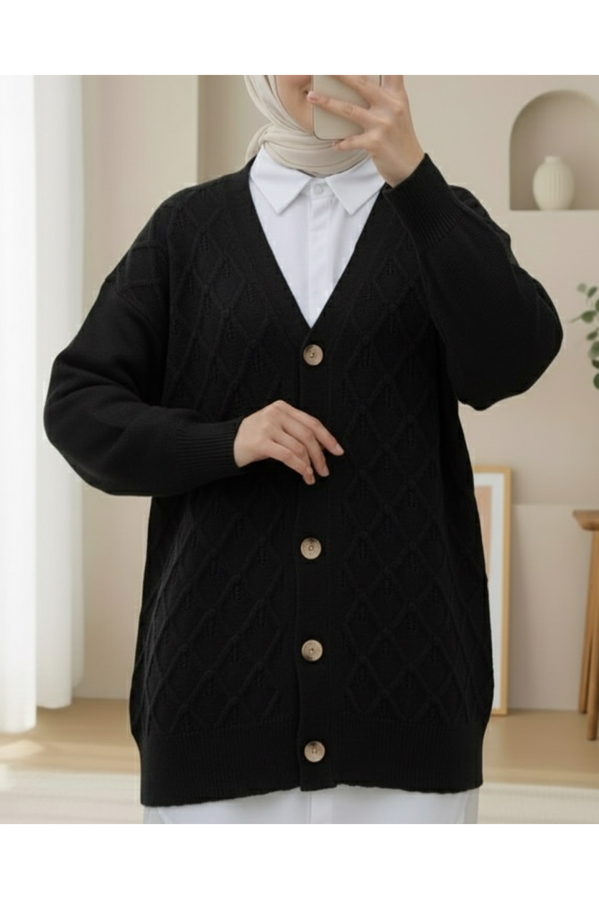 V-Neck Large Buttoned Patterned Knitwear Cardigan -Black