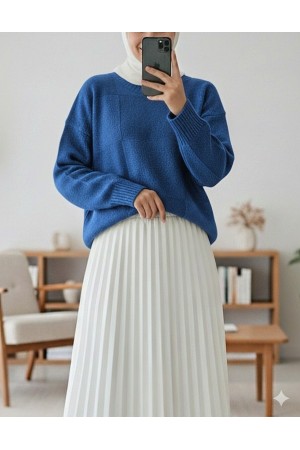 Square Patterned Round Neck Soft Sweater -Saxe 