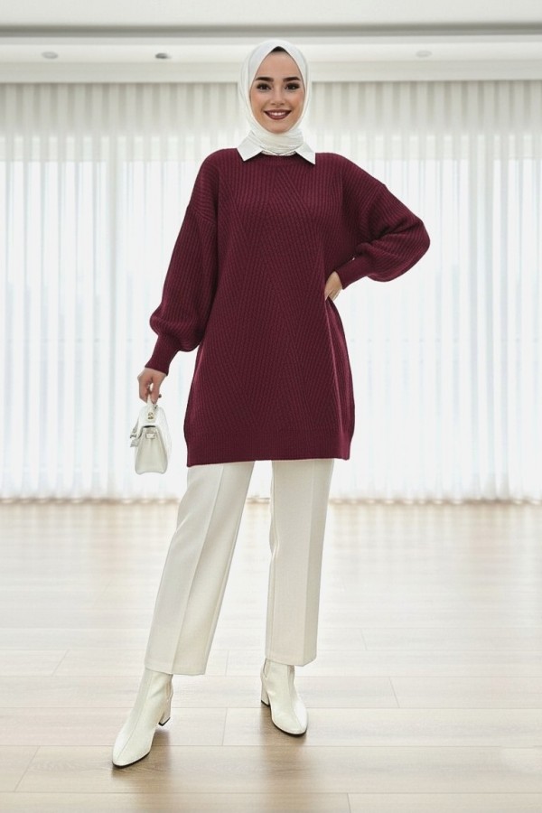 Crew Neck Diamond Pattern Knitwear Sweater           -Maroon
