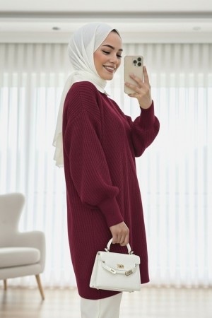 بلوزة تريكو نمط الماس رقبة دائرية           -بوردو