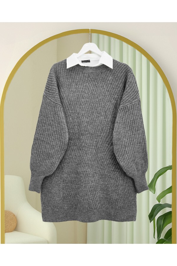Crew Neck Diamond Pattern Knitwear Sweater           -Smoked 