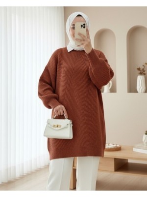 Bisiklet Yaka Baklava Desen Triko Kazak            -Kiremit