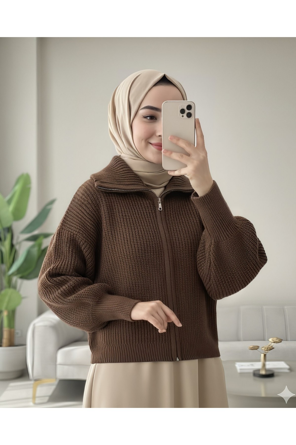 كارديجان محبوك بسحاب ونصف رقبة -بنى