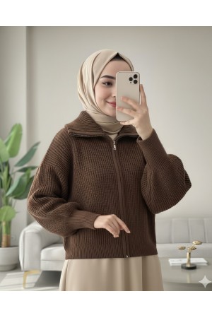 كارديجان محبوك بسحاب ونصف رقبة -بنى